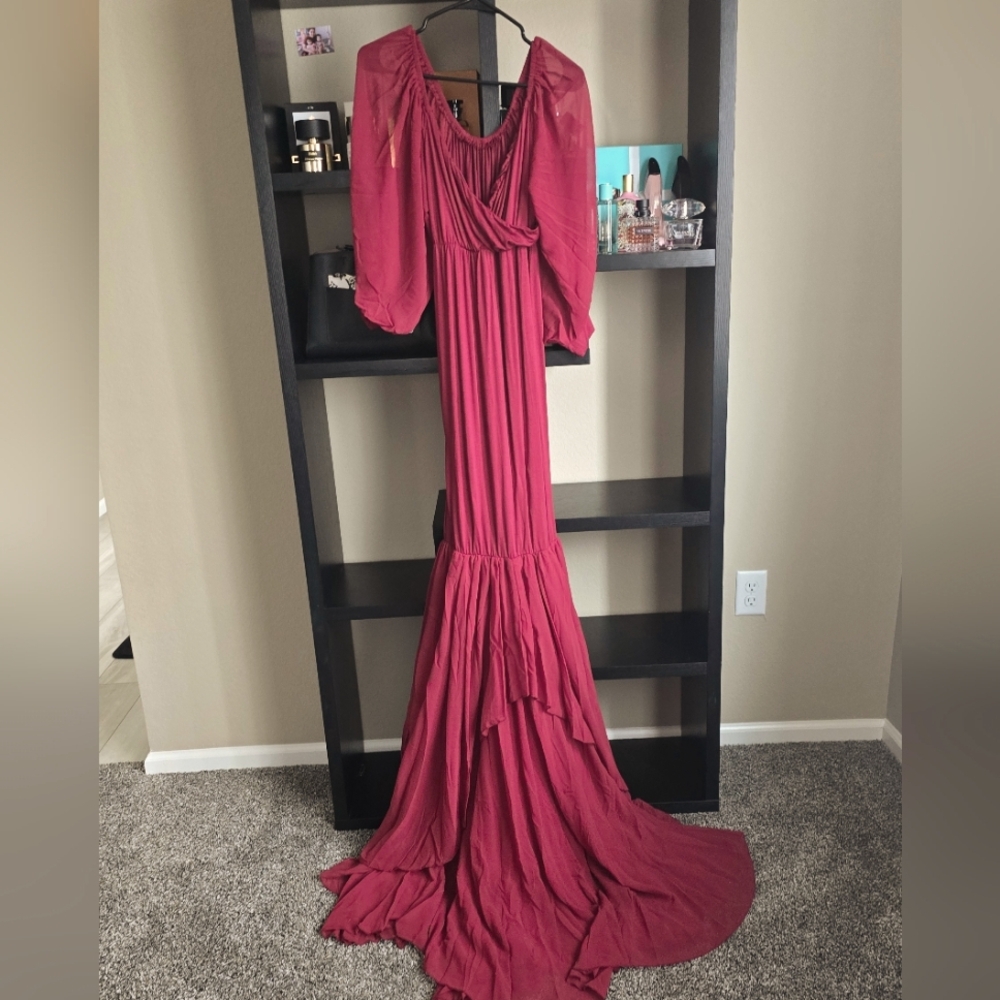 Ever Pretty Red Maxi Gown with Cowl Neck and Bishop Sleeves for Maternity